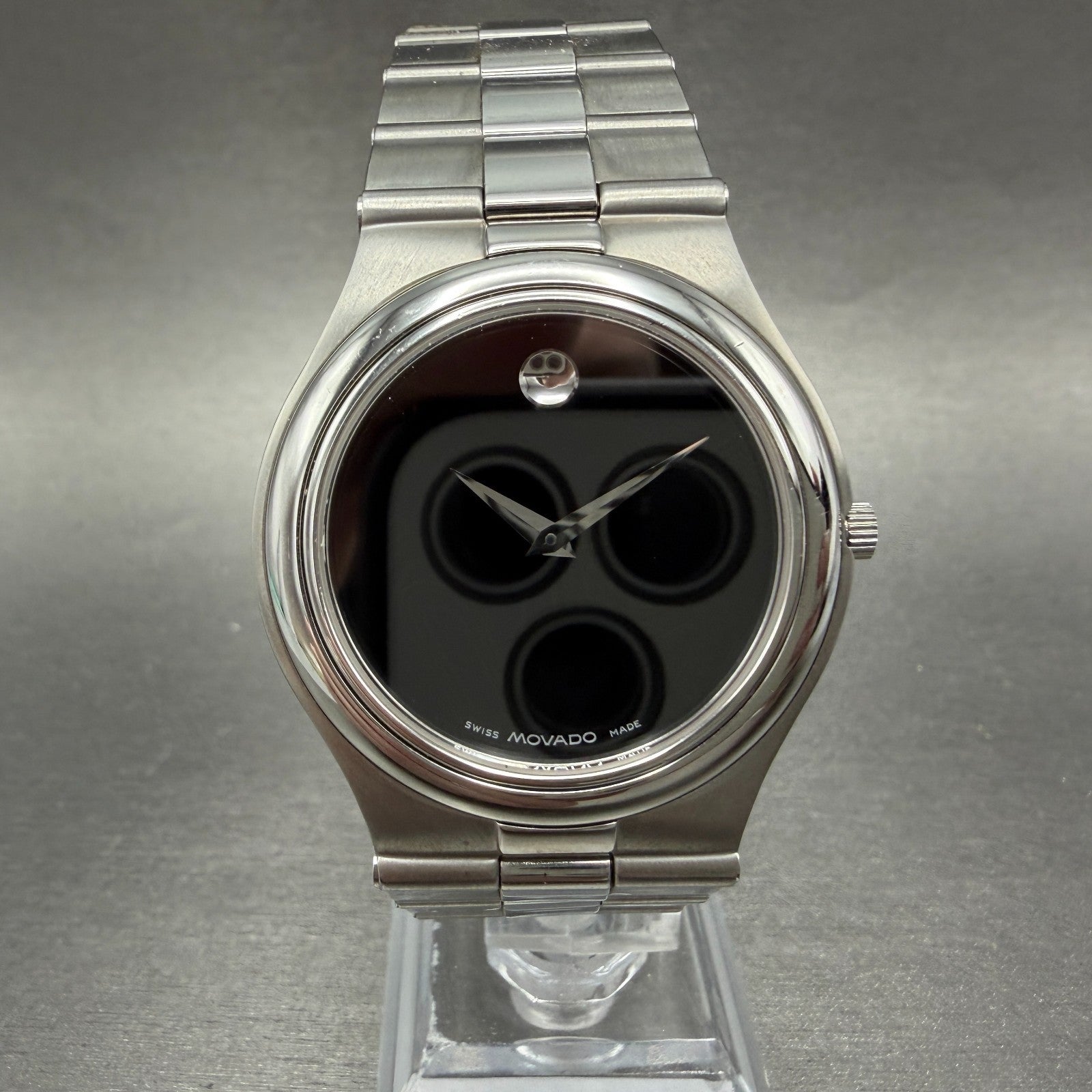 Movado Dominion Watch Men 36mm Black Dial Steel 84 G2 883 Round New Battery0