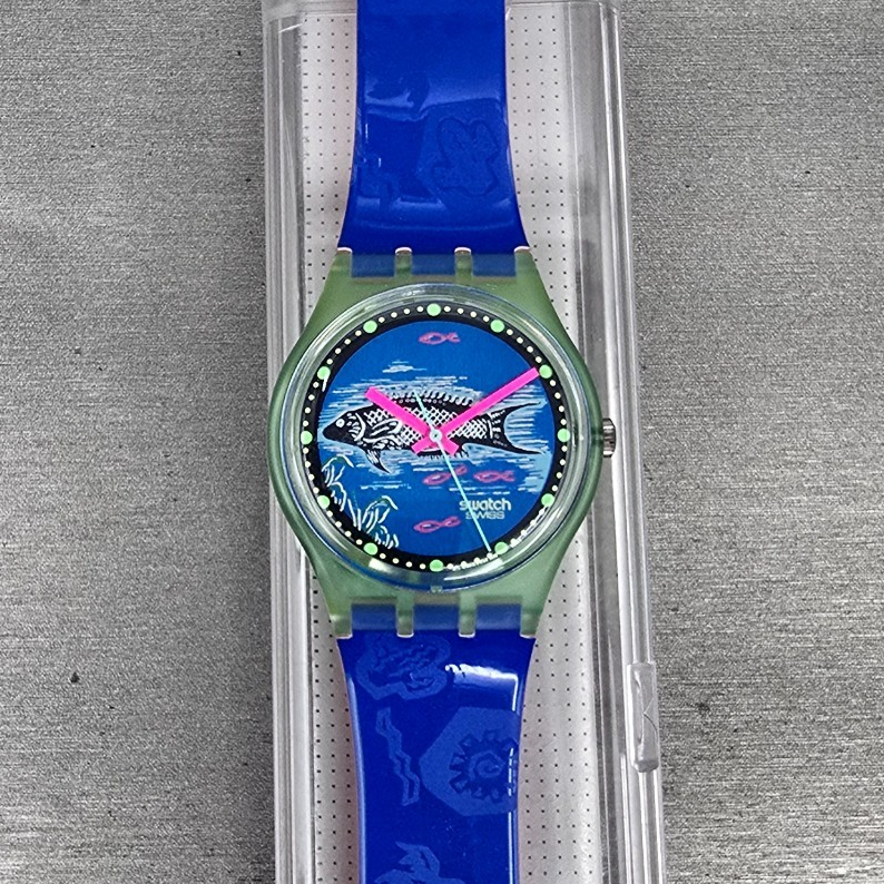 Swatch Frische Fische Watch Men 34mm Blue Dial Green Case GG116 New Battery NOS0