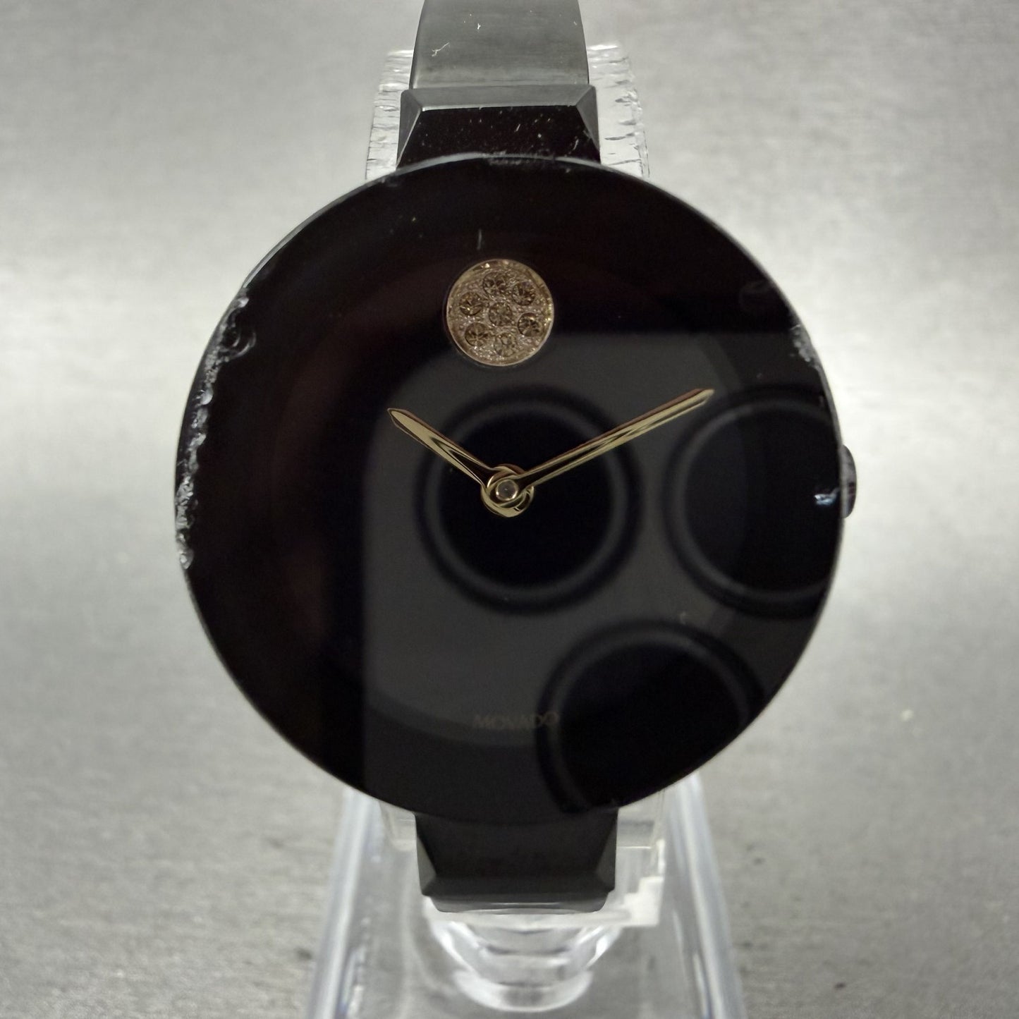 Movado Bold Bangle Watch Women 28mm MOP Dial Black Tone Round 3600775 CHIPPED!!!2