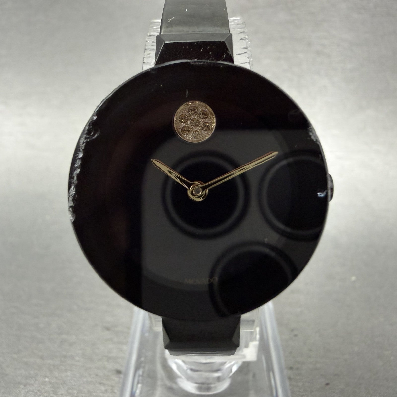 Movado Bold Bangle Watch Women 28mm MOP Dial Black Tone Round 3600775 CHIPPED!!!2