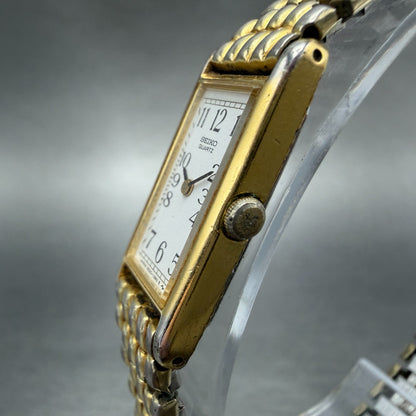 Seiko Tank Watch Women 13mm White Dial Gold Tone Rectangle 2e20-6129 New Batt H52