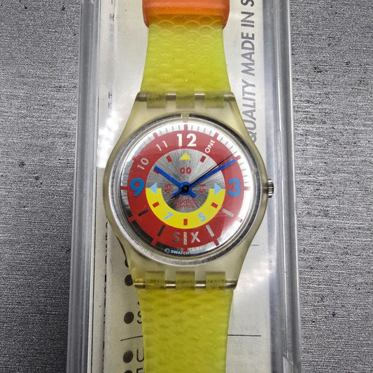 Swatch Lady Hielo Watch Women 25mm Silver Dial Yellow Case Round LK146 New Batt0