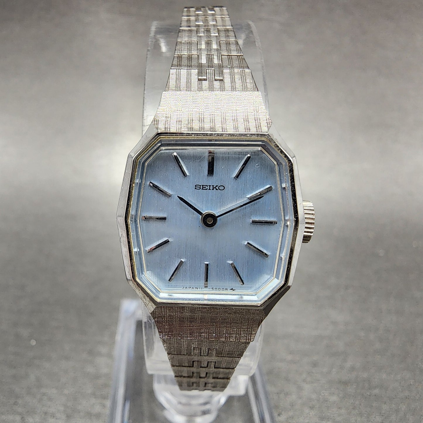 Seiko Watch Women 19mm Blue Dial Silver Tone Rectangle Manual Wind Runs NOS6