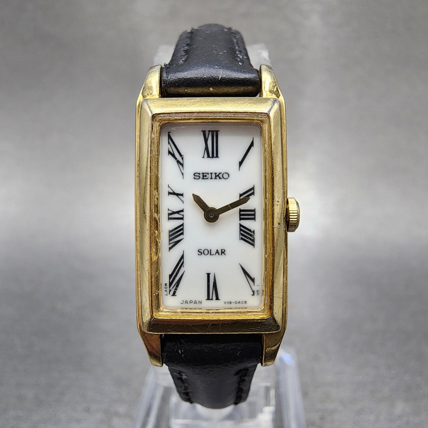 Seiko Solar Tank Watch Women 15mm White Dial Gold Tone Rectangle V1160AA0 Works0