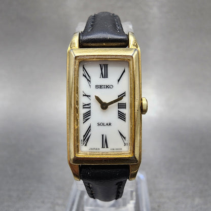 Seiko Solar Tank Watch Women 15mm White Dial Gold Tone Rectangle V1160AA0 Works0