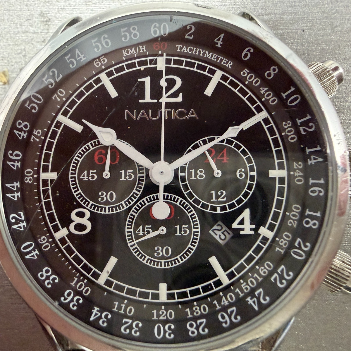 Nautica NSR-01 Chronograph Watch Men 44mm Black Dial Steel Date READ!!! New Batt1
