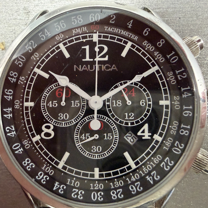 Nautica NSR-01 Chronograph Watch Men 44mm Black Dial Steel Date READ!!! New Batt1