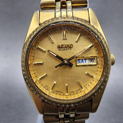 Seiko Watch Women 24mm Gold Dial Gold Tone Daydate Round 7N830041 New Battery1