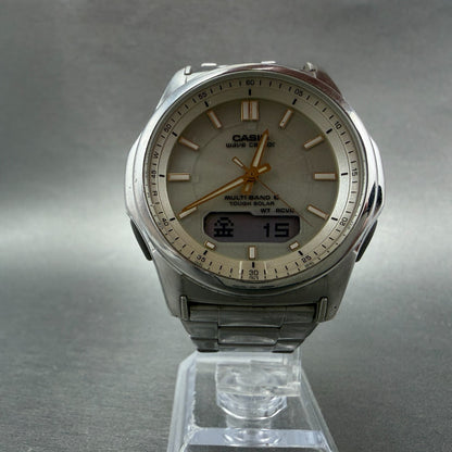Casio Wave Ceptor Watch Men 42mm Cream Dial Steel Solar Analog Digital Works OPT5