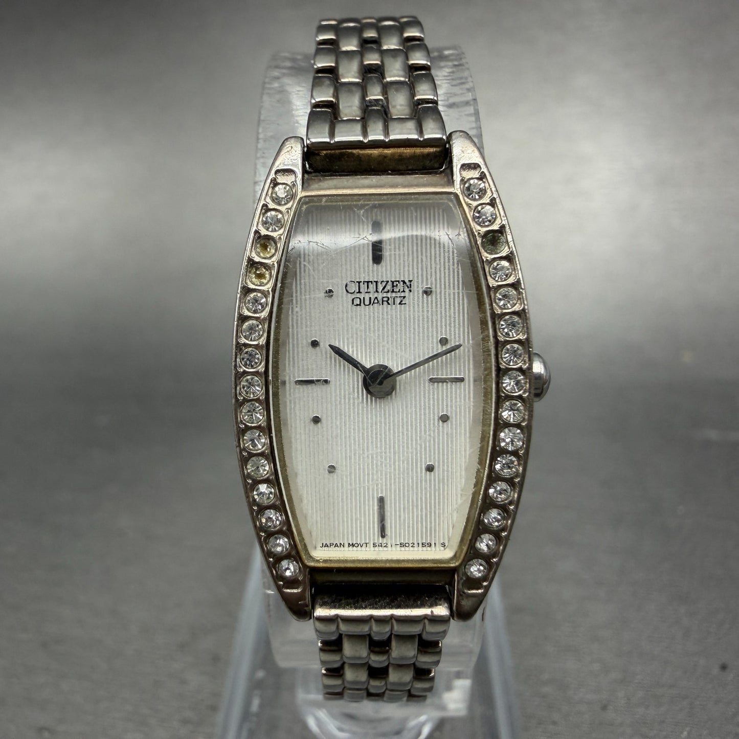 Citizen Watch Women 16mm Silver Dial Silver Tone Rectangle Crystal Bezel New Bat0