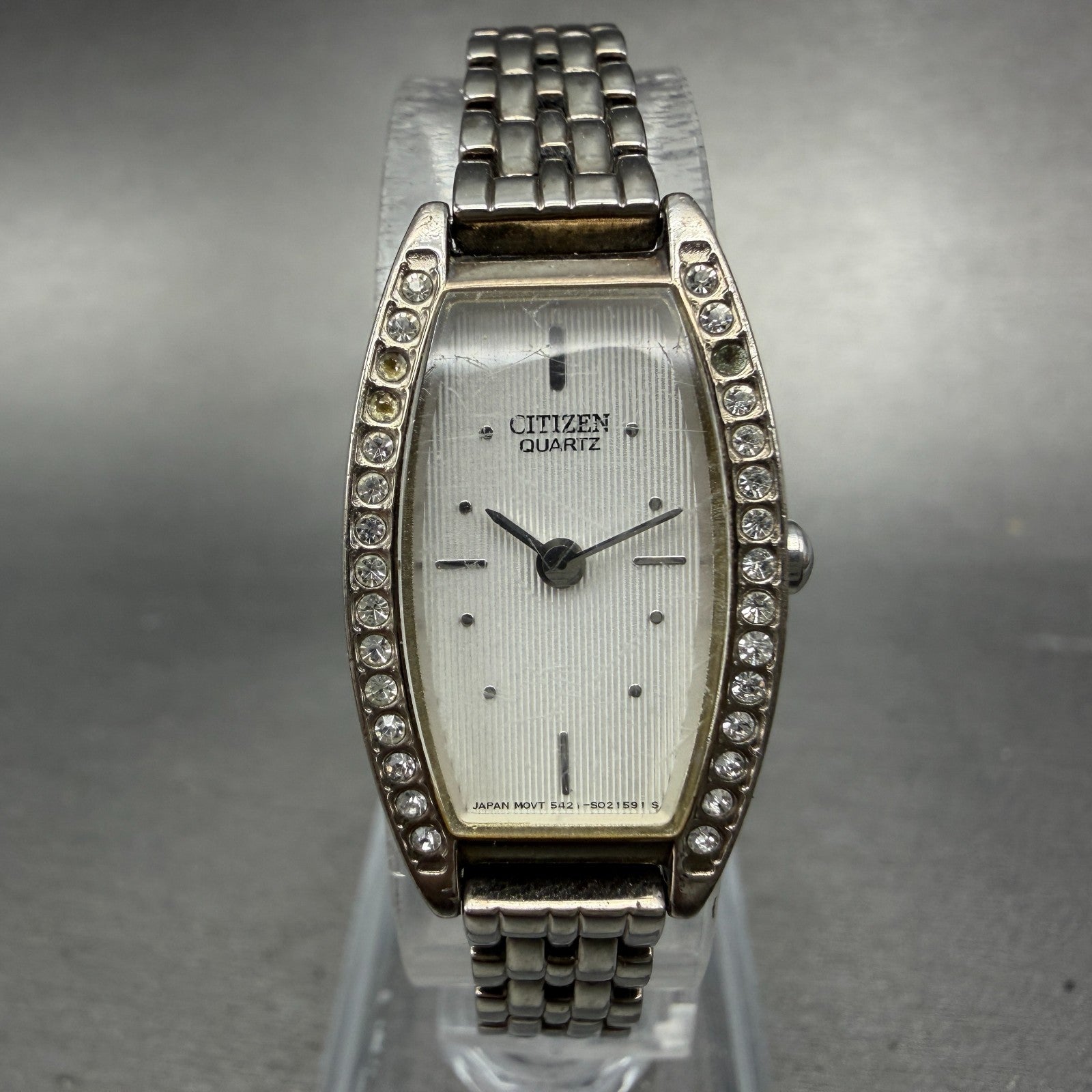 Citizen Watch Women 16mm Silver Dial Silver Tone Rectangle Crystal Bezel New Bat0