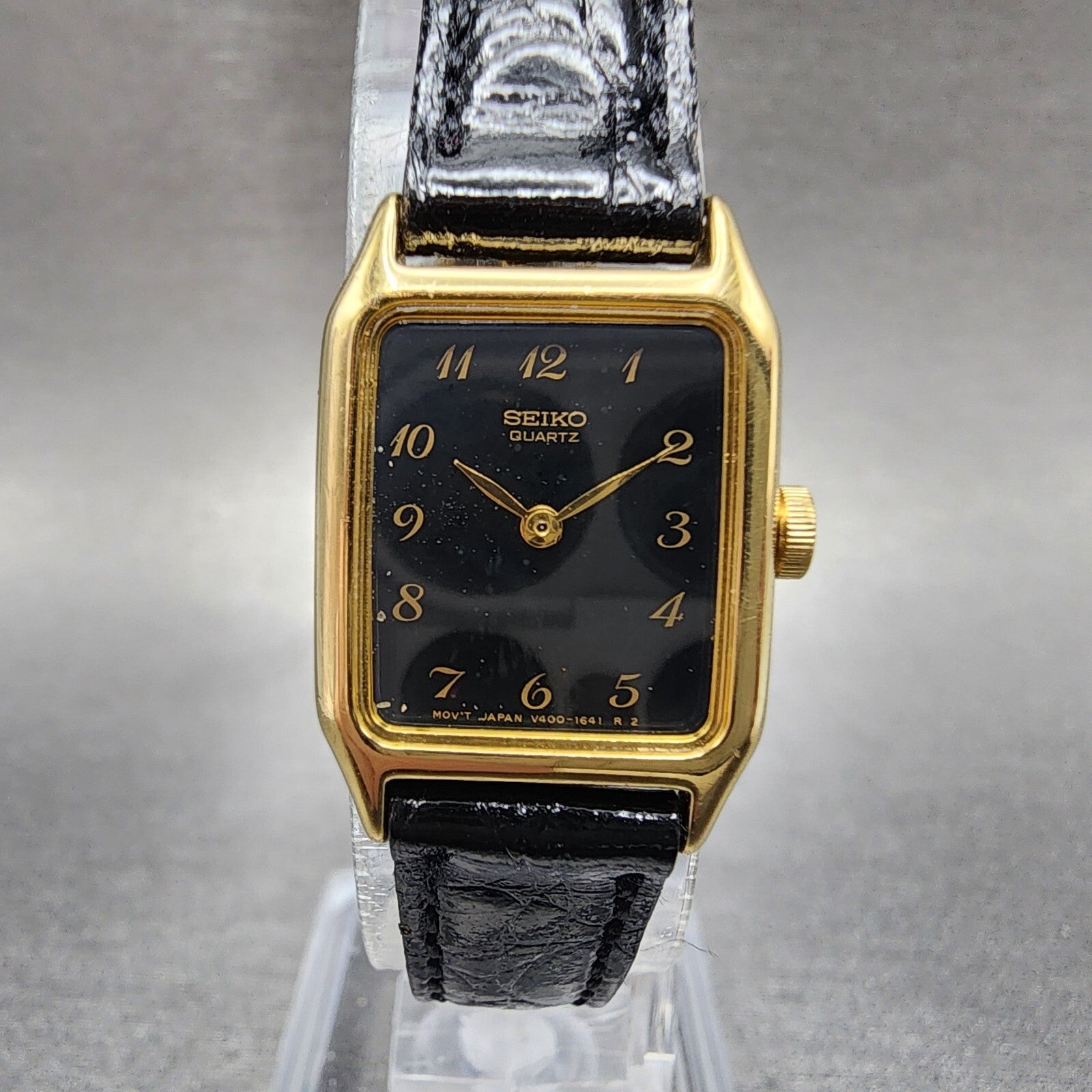 Seiko Tank Watch Women 17mm Black Dial Gold Tone Rectangle V4005538 New Battery0