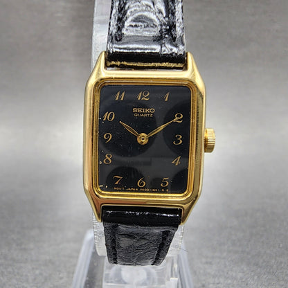 Seiko Tank Watch Women 17mm Black Dial Gold Tone Rectangle V4005538 New Battery0