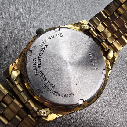 Seiko Watch Men 37mm Gold Dial Gold Tone Daydate Round 7N43-9048 New Battery VTG10
