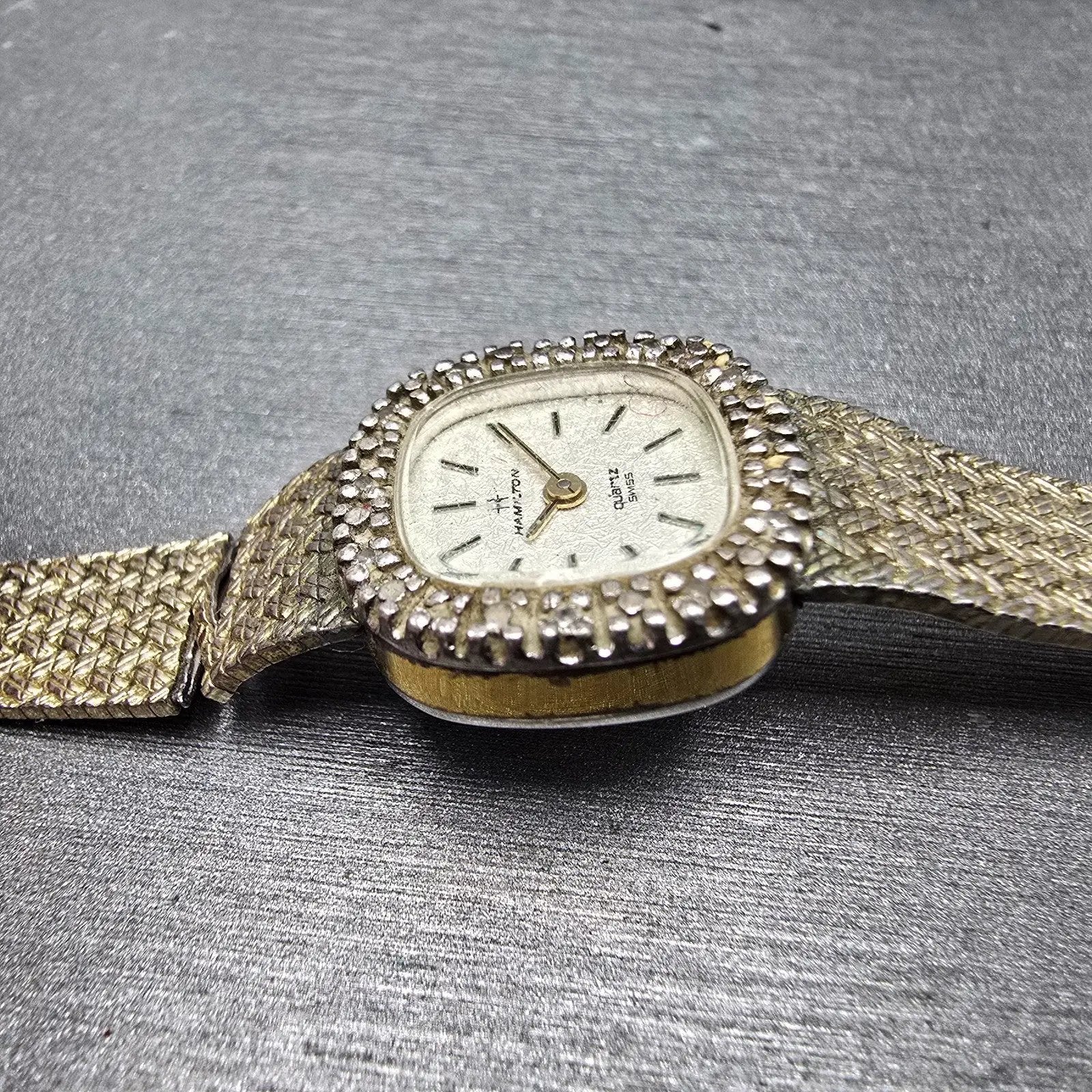Hamilton Watch Women 18mm White Dial Gold Tone Rectangle Diamonds 8862 PARTS6