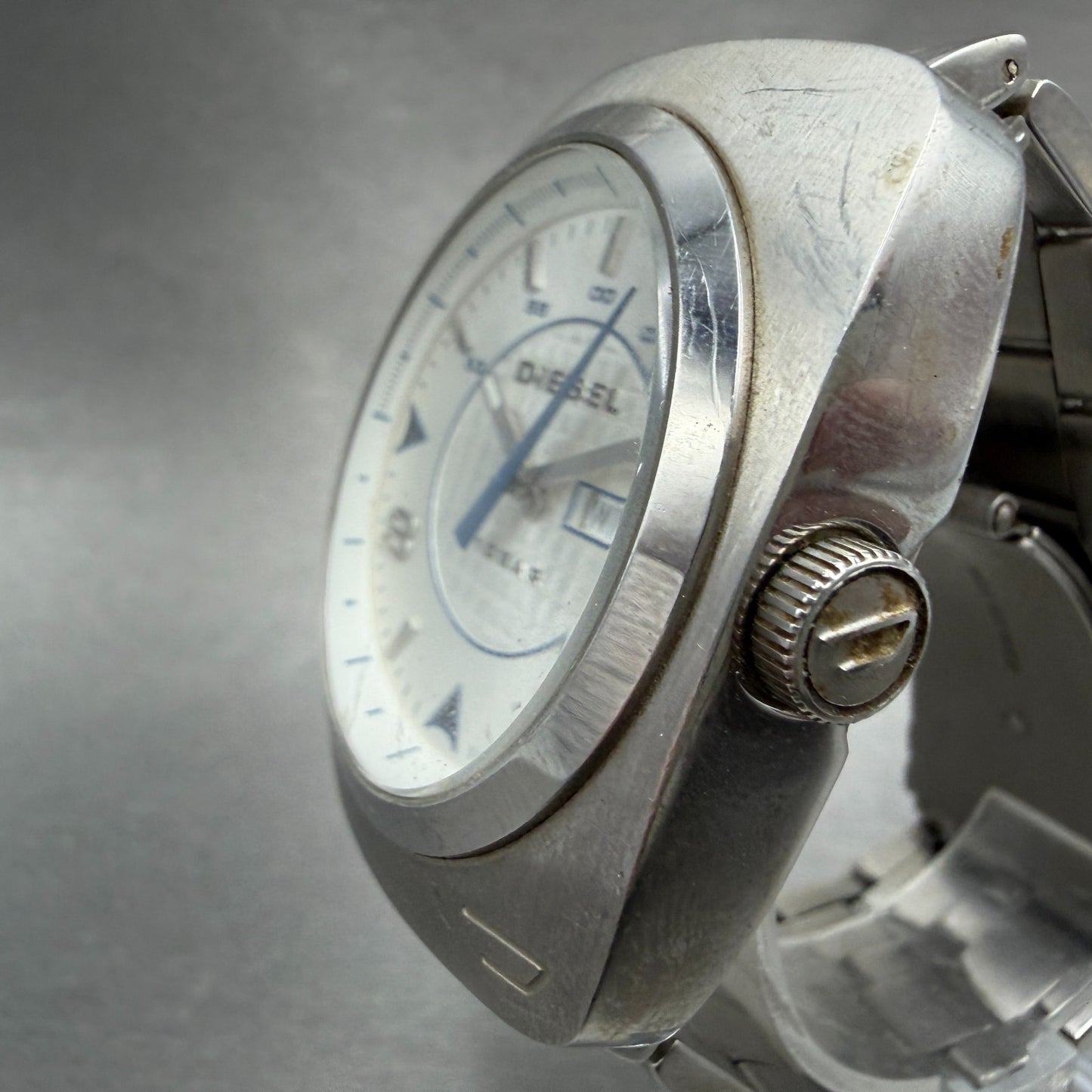 Diesel Watch Men 43mm White Dial Silver Tone Daydate Round DZ-1184 New battery2