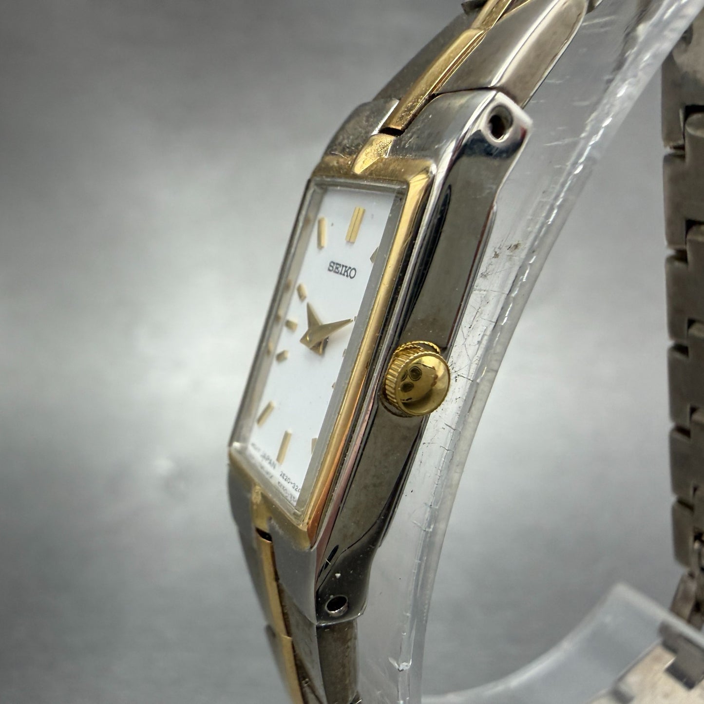 Seiko Watch Women 13mm White Dial Two Tone Rectangle 2E20-7479 New Batt NBT842