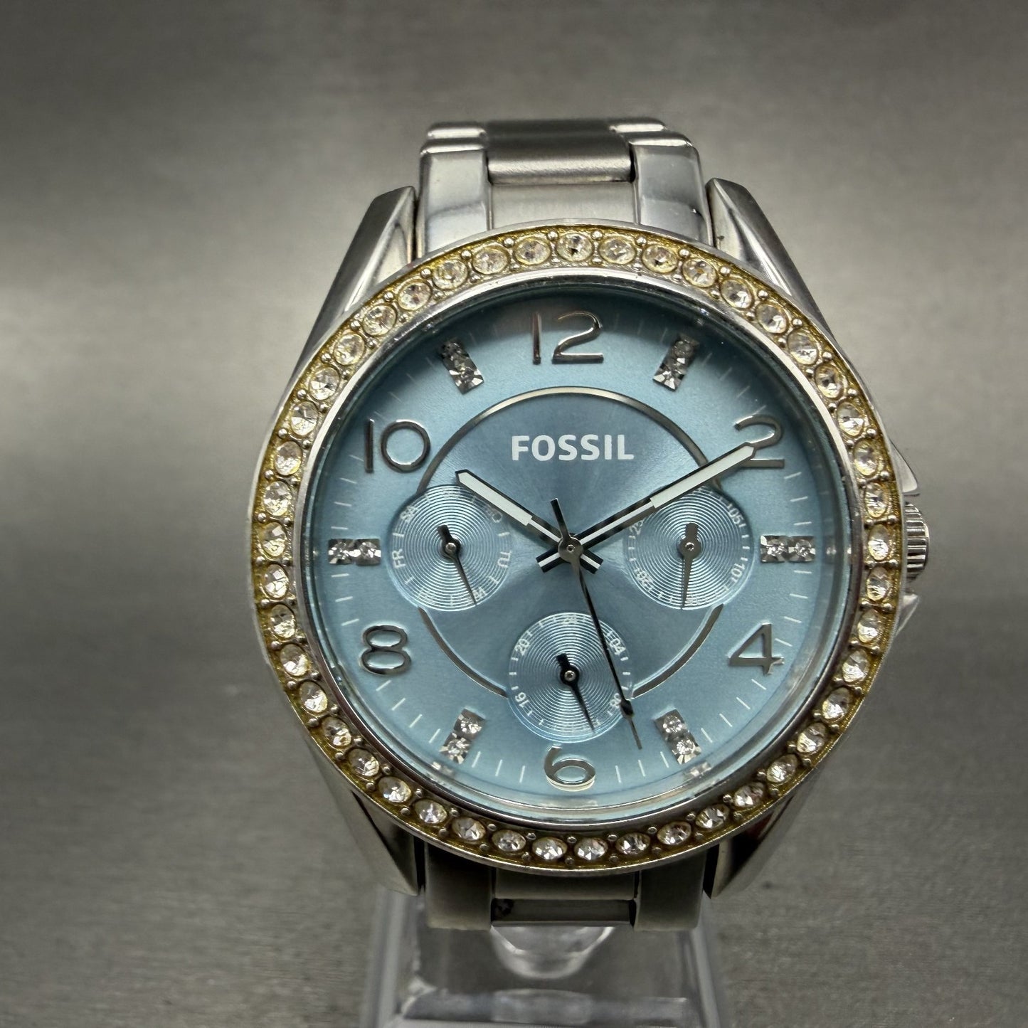 Fossil Riley Watch Women 39mm Blue Dial Silver Tone Daydate Round ES3529 New Bat0