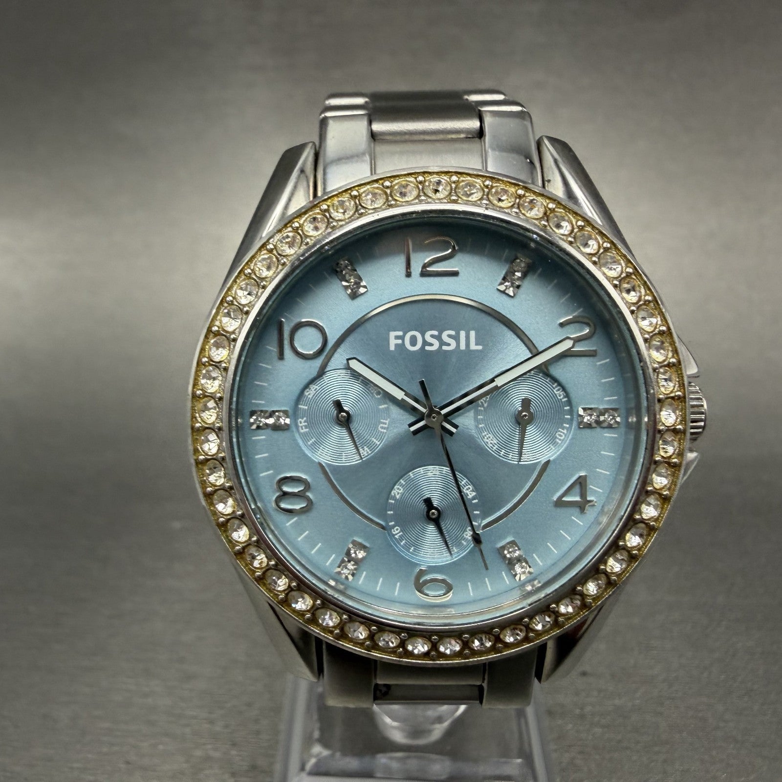 Fossil Riley Watch Women 39mm Blue Dial Silver Tone Daydate Round ES3529 New Bat0