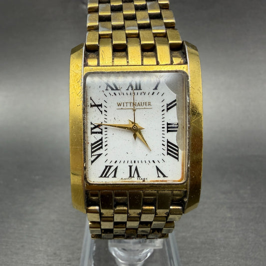 Wittnauer Tank Watch Men 26mm White Dial Gold Tone 11A01 Rectangle PARTS0