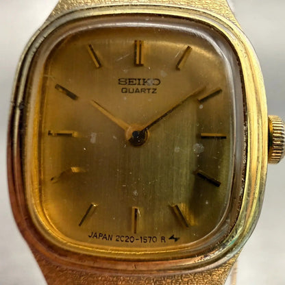 Seiko Watch Women 16mm Gold Dial Gold Tone Rectangle 2C20-5770 New Battery VTG1