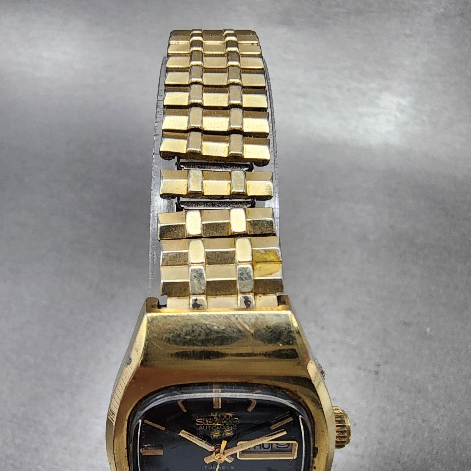 Seiko Automatic Watch Women 25mm Black Dial Gold Tone Daydate Rectangle Runs4