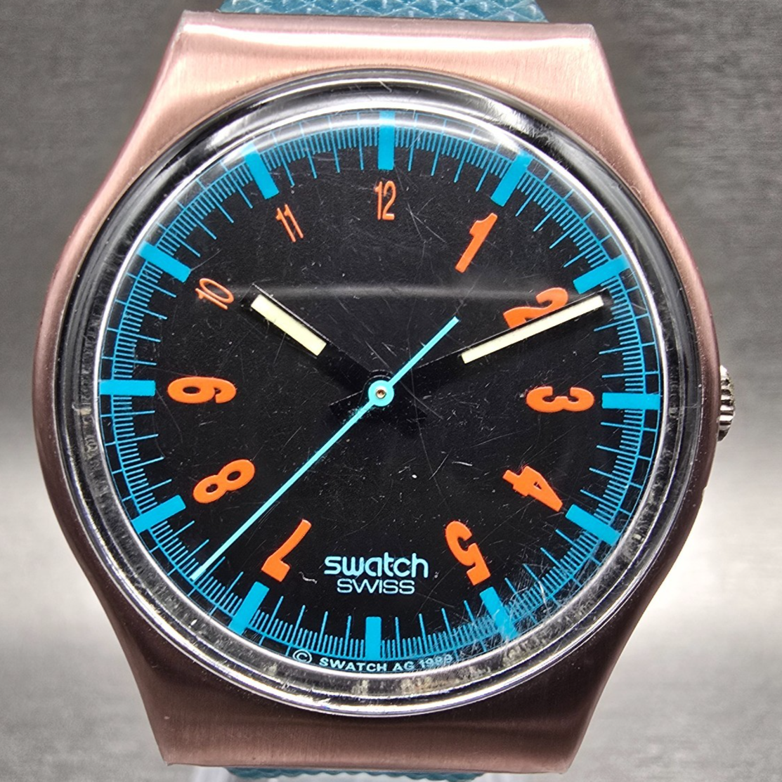 Swatch Icebreaker Watch Men 34mm Black Dial Bronze Case Round GX113 New Battery1