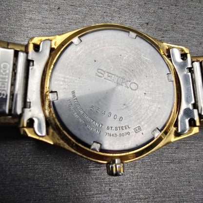 Seiko Watch Men 37mm Gold Dial Gold Tone Daydate Round 7N43-9070 New Battery VTG10