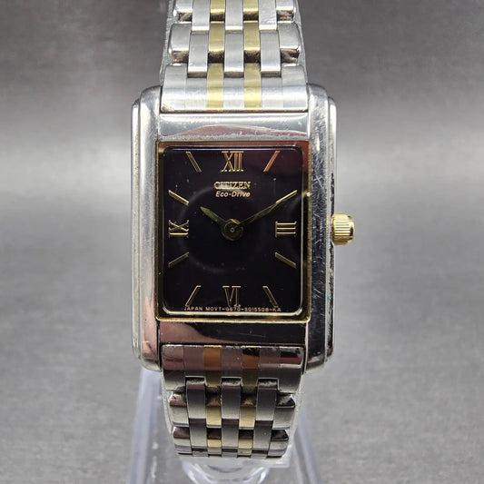 Citizen Eco-Drive Stiletto Tank Watch Women 19mm Black Dial Two Tone Works JP0