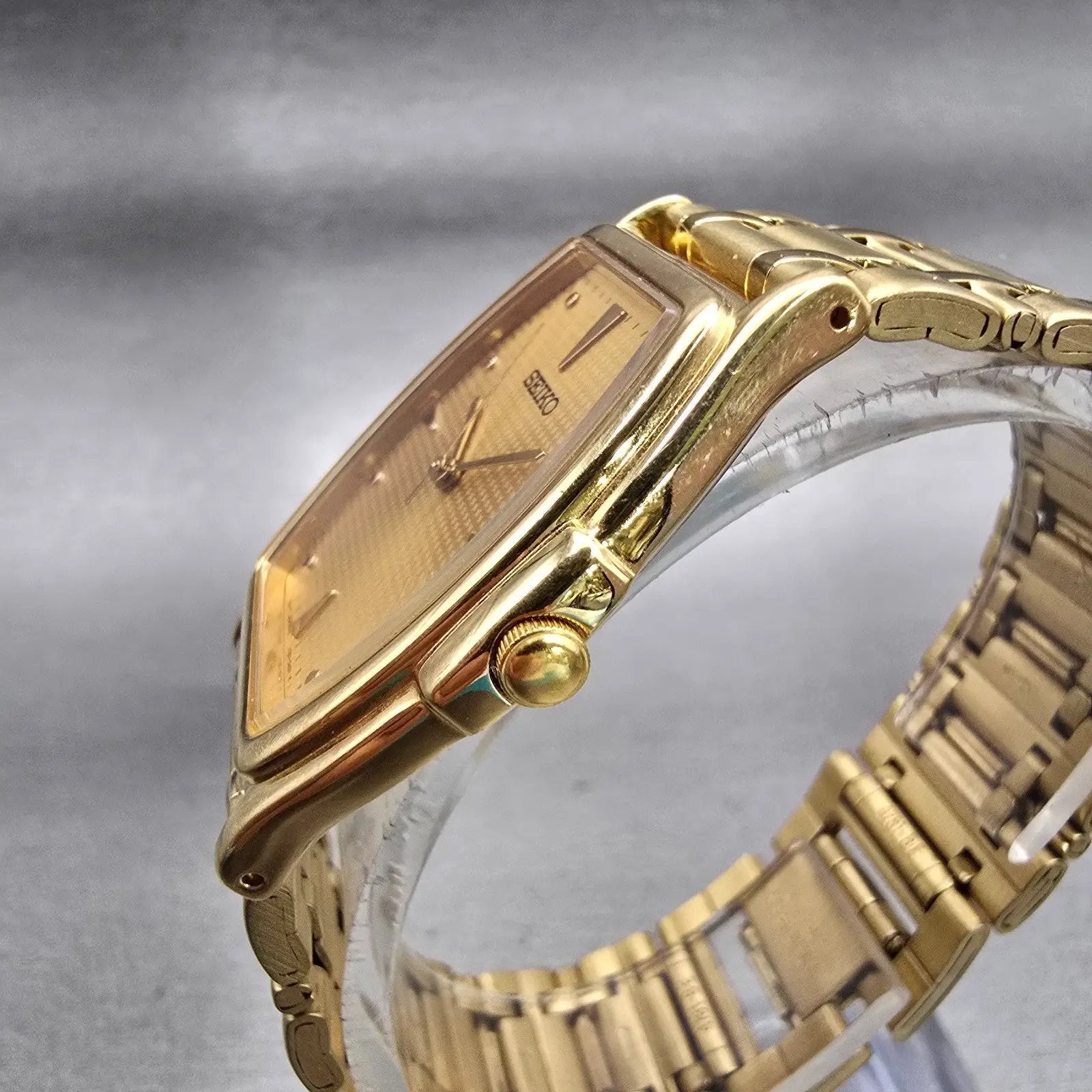 Seiko Watch Men 31mm Gold Dial Gold Tone Rectangle V701-5220 New Battery Vintage2