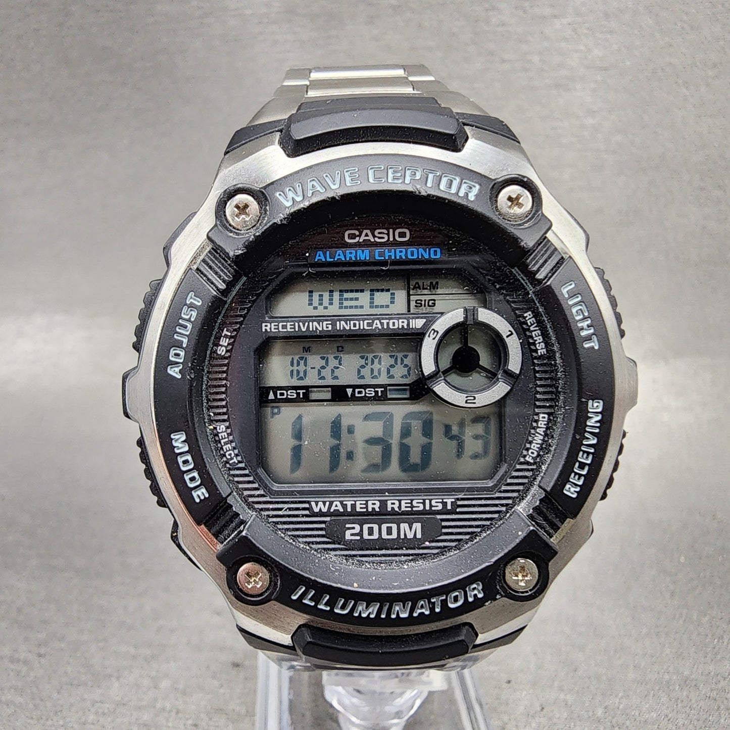 Casio Waveceptor Watch Men 48mm Digital Black Silver Alarm Chrono WV200 New Bat0