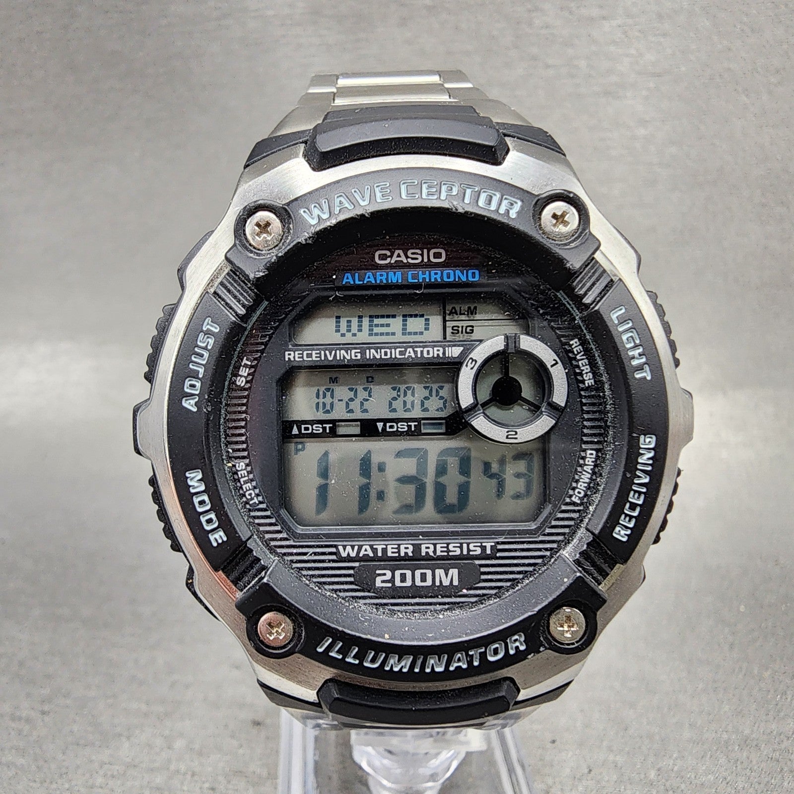 Casio Waveceptor Watch Men 48mm Digital Black Silver Alarm Chrono WV200 New Bat0