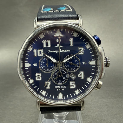 Tommy Bahama Chrono Watch Men 46mm Blue Dial Steel Date Dual Time New Battery0