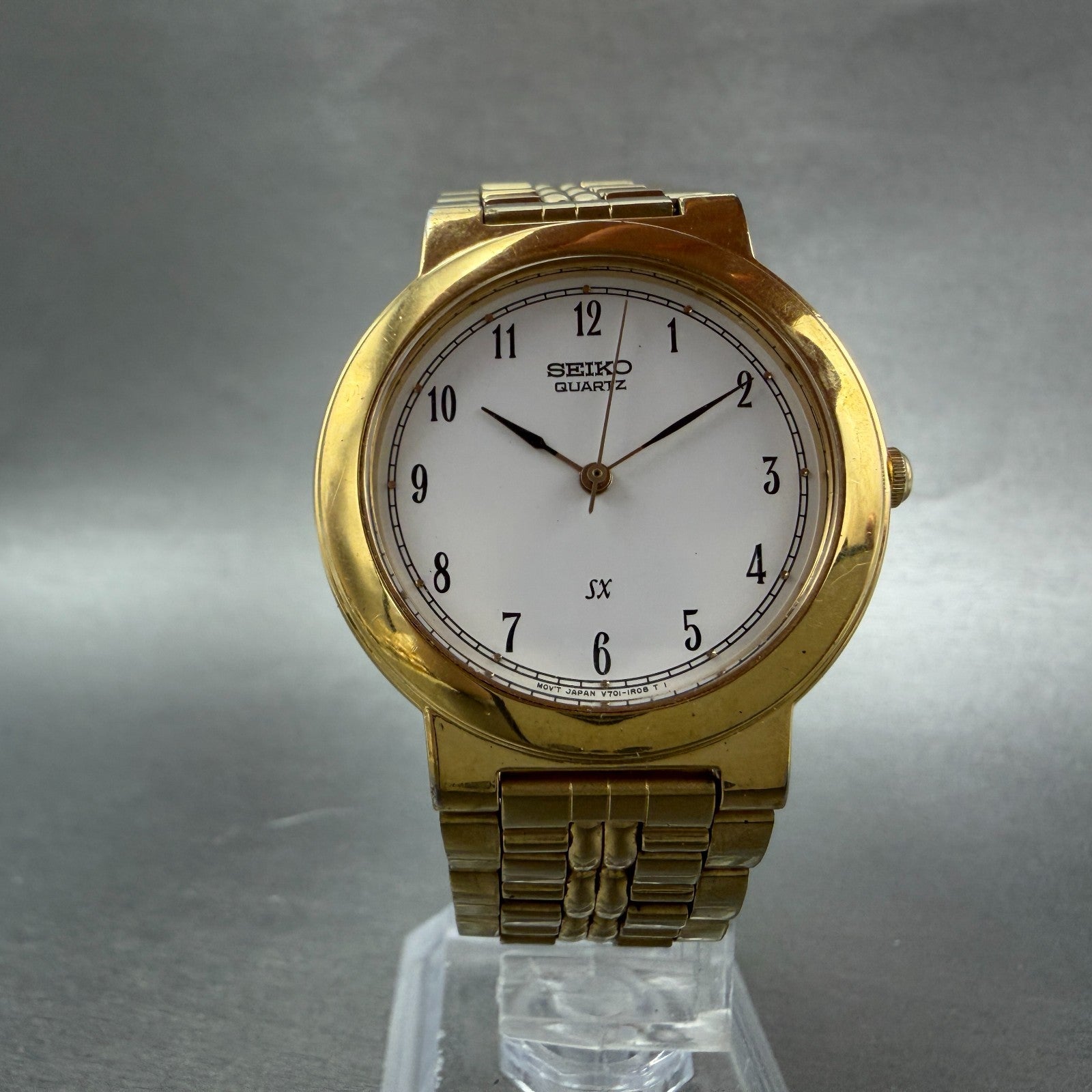 Seiko SX Watch Men 34mm White Dial Gold Tone Round V701-1K00 New Battery5