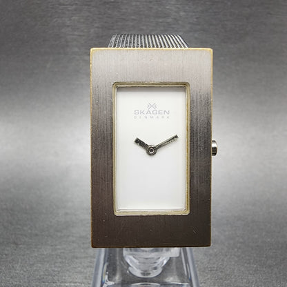 Skagen Tank Watch Women 22mm White Dial Stainless Steel Rectangle New Battery0