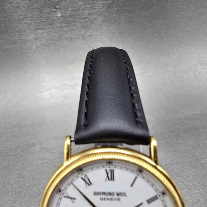 Raymond Weil Watch Men 32mm White Dial Gold Plated Date Round 5514 New Battery S4