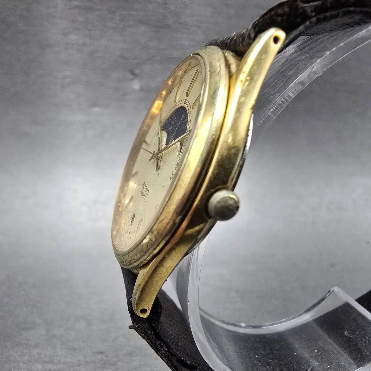 Seiko Moon Phase Watch Men 32mm Champagne Dial Gold Date Round 7434-7008 PARTS3