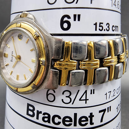 Bulova Watch Women Two Tone White Dial Date 25mm Round 98M36 New Battery A12310