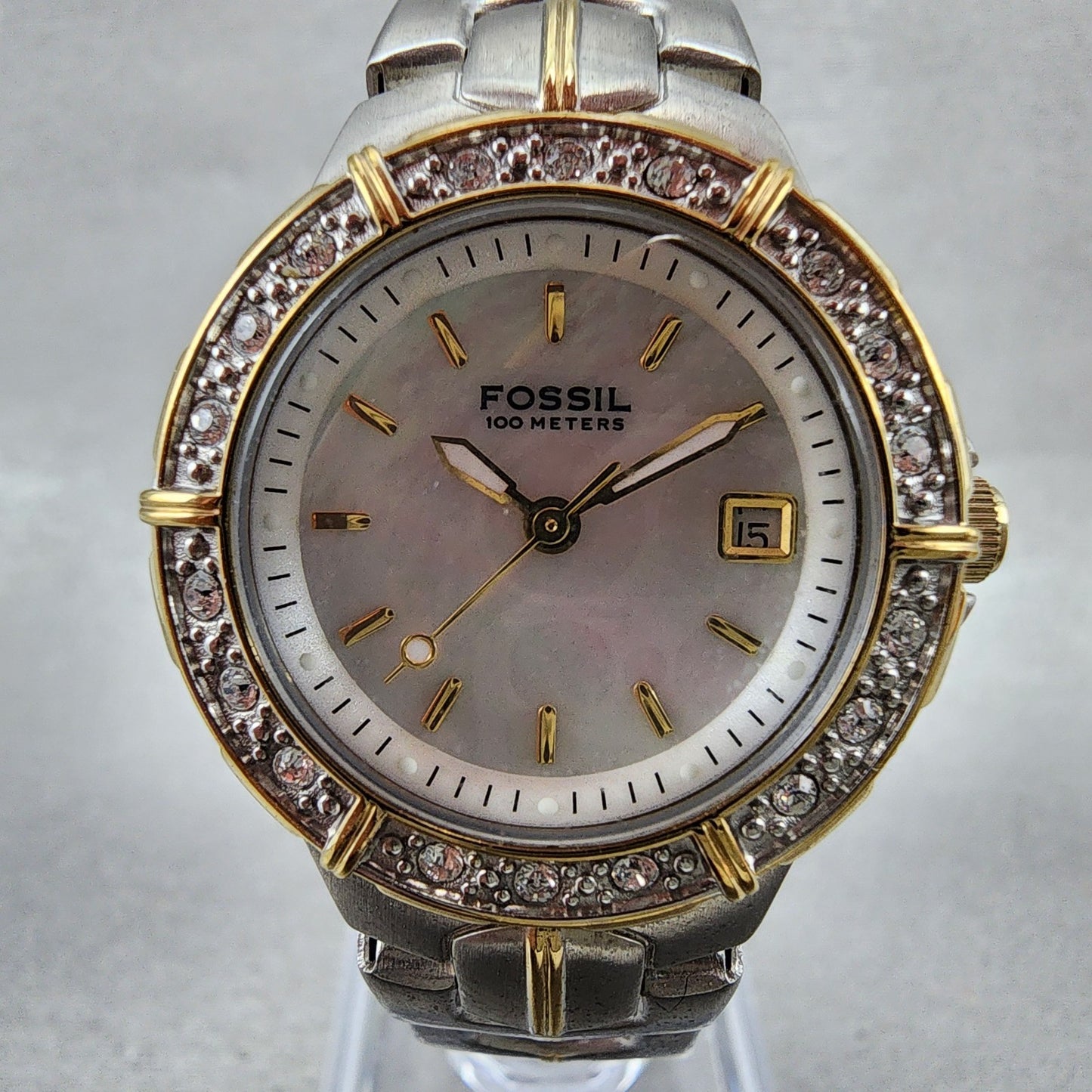 Fossil Dive Watch Women 28mm MOP Dial Two Tone Date Crystal Bezel AM-3757 NewBat1