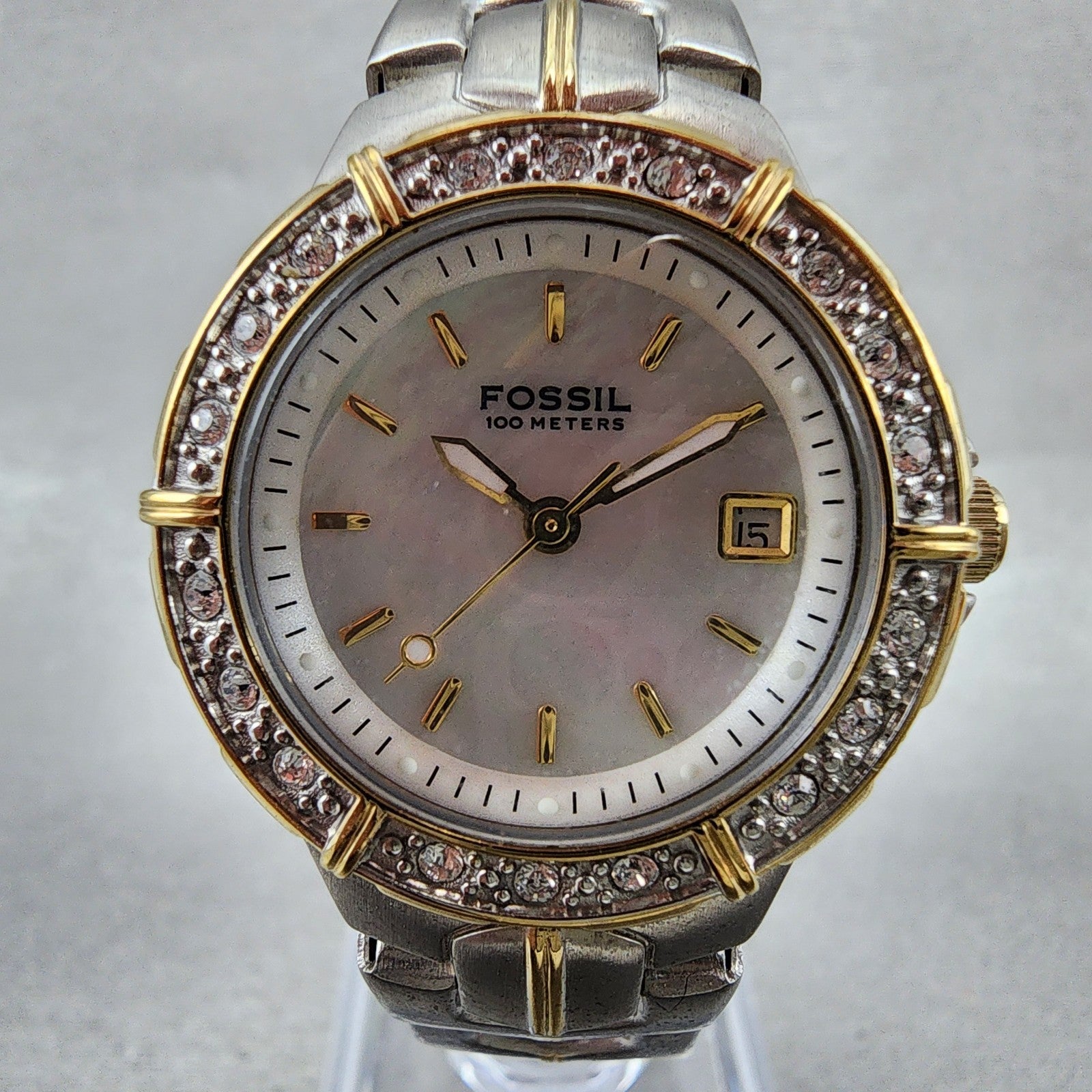 Fossil Dive Watch Women 28mm MOP Dial Two Tone Date Crystal Bezel AM-3757 NewBat1
