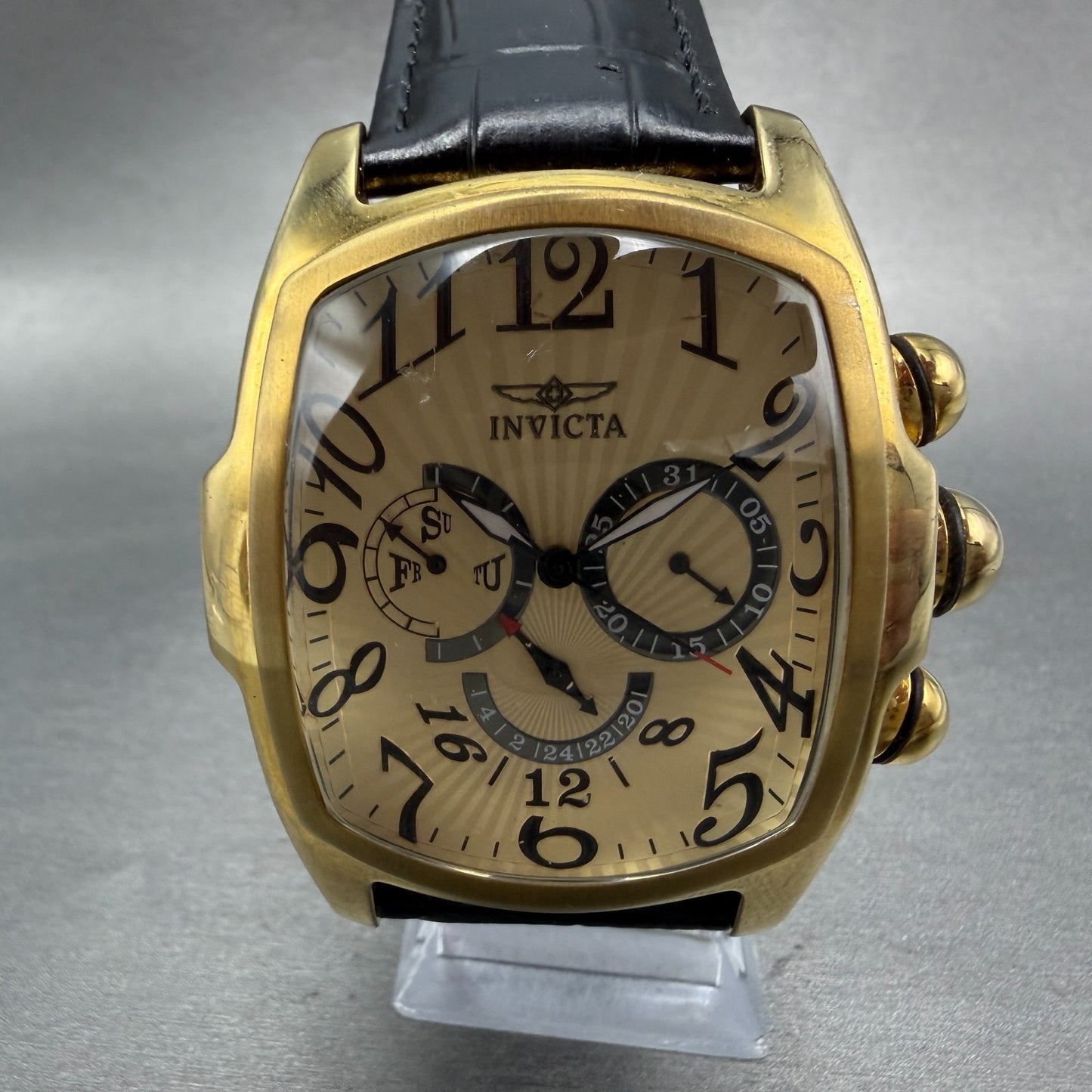 Invicta Lupah Watch Men 47mm Gold Dial Gold Tone Rectangle Daydate New Battery A0