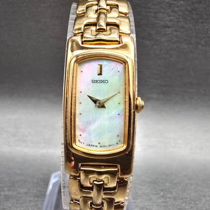 Seiko Tank Watch Women 13mm MOP Dial Gold Tone Rectangle 2E20-7279 New Battery0