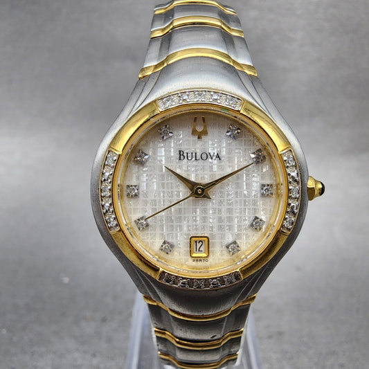 Bulova Watch Women 26mm White Dial Two Tone Date Round 98R70 New Battery0