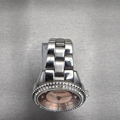 Bulova Watch Women 30mm MOP Dial Silver Tone Gemmed Round 96L218 New Battery4