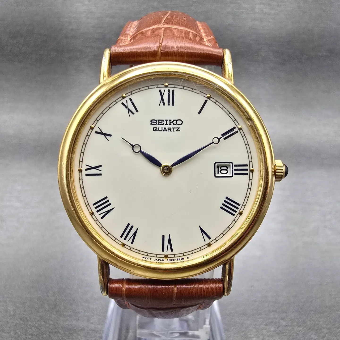 Seiko Watch Men 34mm Ivory Dial Gold Tone Date Round 7N29-8A09 New Battery LP0