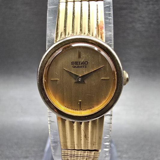 Seiko Watch Women 17mm Gold Dial Gold Tone Round 1E20-0069 New Battery Vintage0