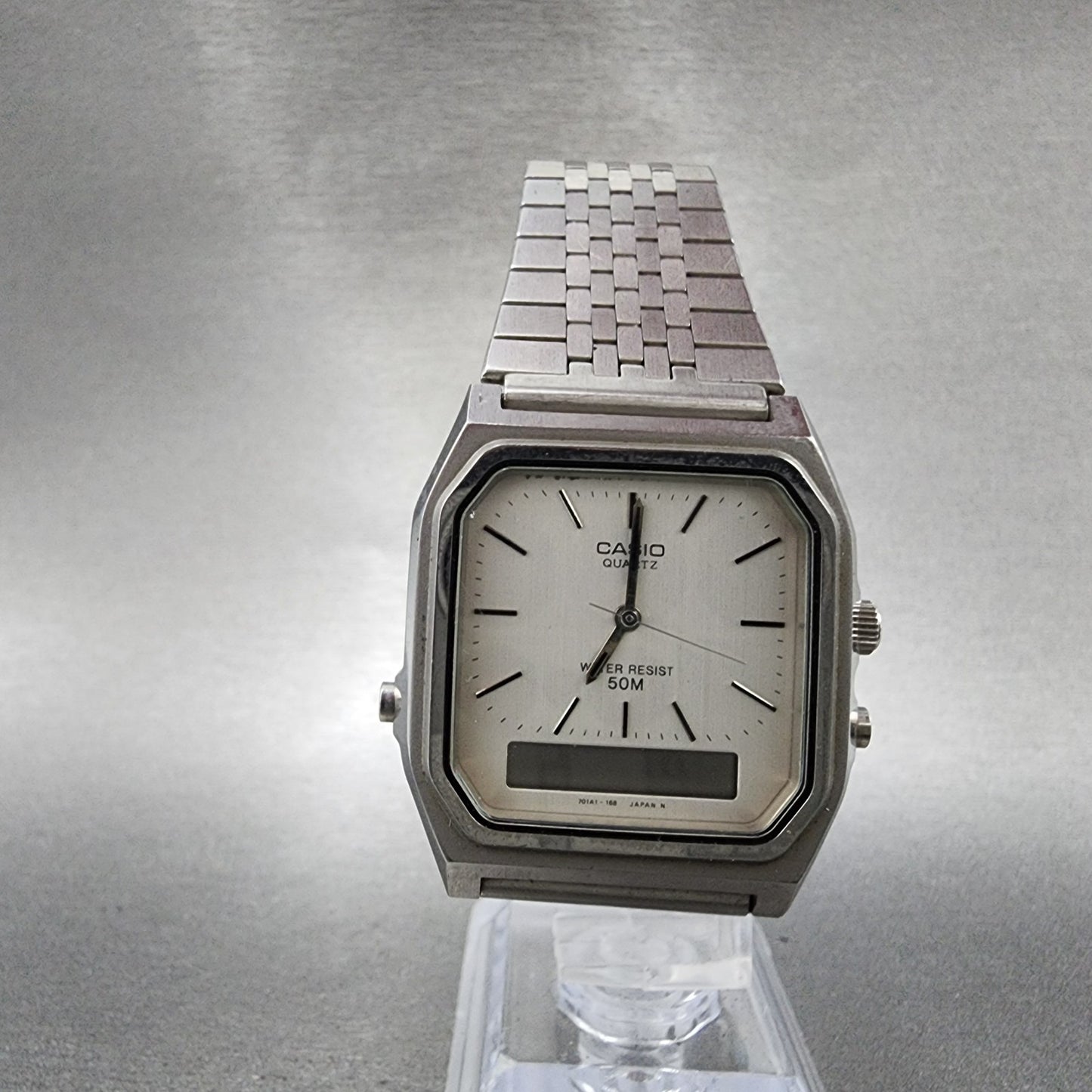 Casio AQ351 Watch Men 31mm Silver Dial Silver Tone Rectangle Alarm Chrono PARTS6