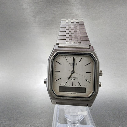 Casio AQ351 Watch Men 31mm Silver Dial Silver Tone Rectangle Alarm Chrono PARTS6