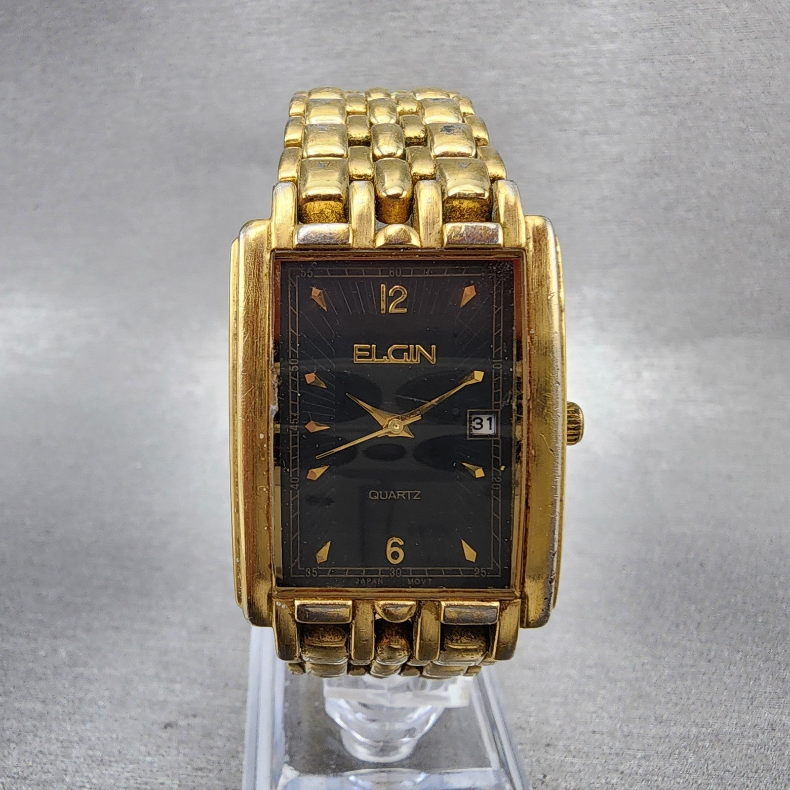 Elgin Tank Watch Men 26mm Black Dial Gold Tone 1L12 Date FMA 36 New Battery0