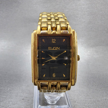 Elgin Tank Watch Men 26mm Black Dial Gold Tone 1L12 Date FMA 36 New Battery0